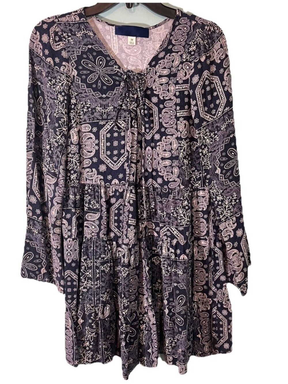 Bandana Print Dress Blue White Thigh Length Tunic Long Sleeves 1/4 Lace Up Sz M